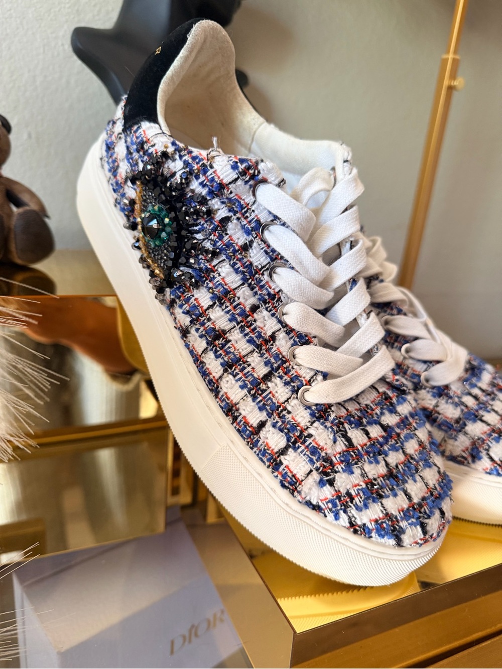 Kurt Geiger Tweed Low-Top Sneakers in White, Blue & Black with Crystal Brooch